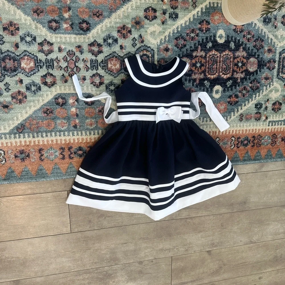 New Bonnie Jean Navy and White Formal Dress with Bow 3T Toddler Girl VTG Style